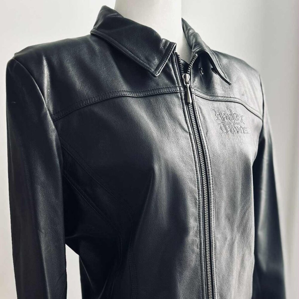 Harley-Davidson Black Leather Moto Jacket with Embroidered Filigree – US L - Picture 4 of 12